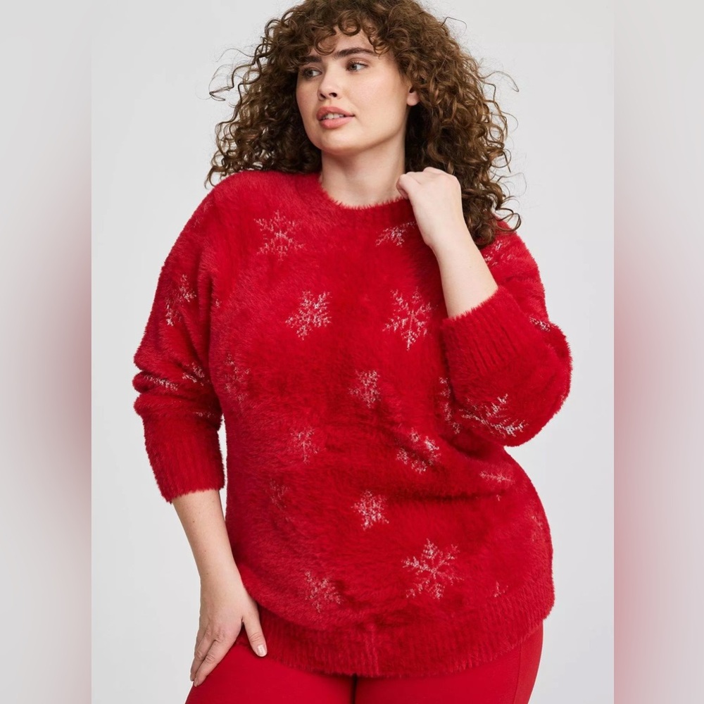 torrid Red Fuzzy Snowflake Crewneck Sweater